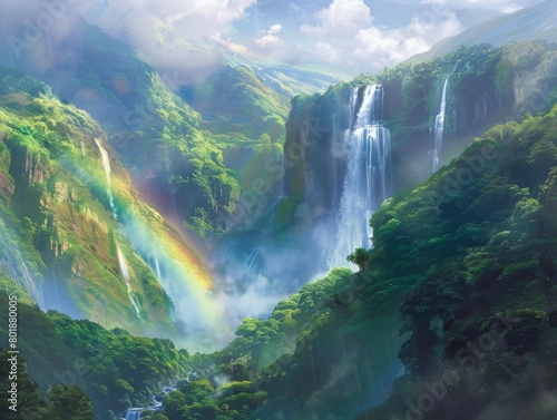 Capture the scale and power of the waterfall  with the vibrant rainbow adding a touch of magic.