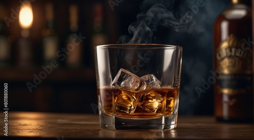 Glass of whiskey with ice, on a wooden table