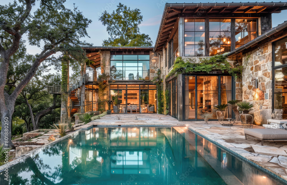 A large pool and house in San Antonio, Texas with a light blue roof. The home is an old stone ranch-style two-story building that has multiple windows and doors on the first floor.