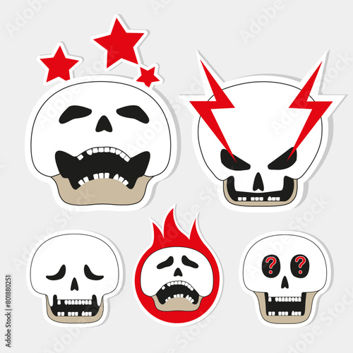 A set of skeleton stickers with emotions of anger, laughter, sadness, surprise and disappointment .