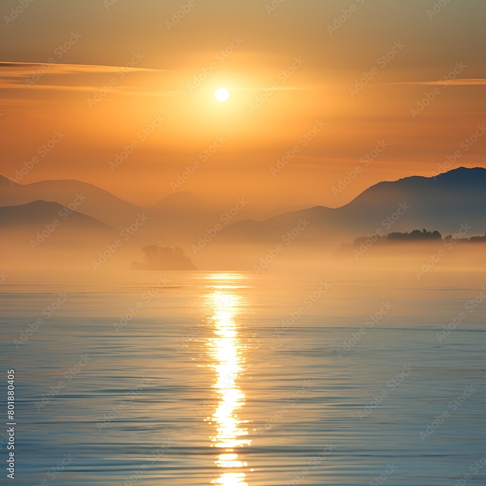 A serene and ethereal seascape is captured during the early moments of a hazy sunrise,with the sun's golden rays gradually breaking through the veil of mist that envelops the horizon. 