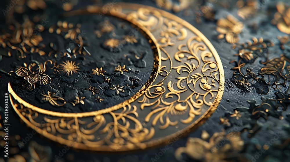 A close-up shot of a luxurious Eid-ul-Adha greeting card adorned with intricate embossed patterns and a radiant golden crescent moon, symbolizing blessings and prosperity