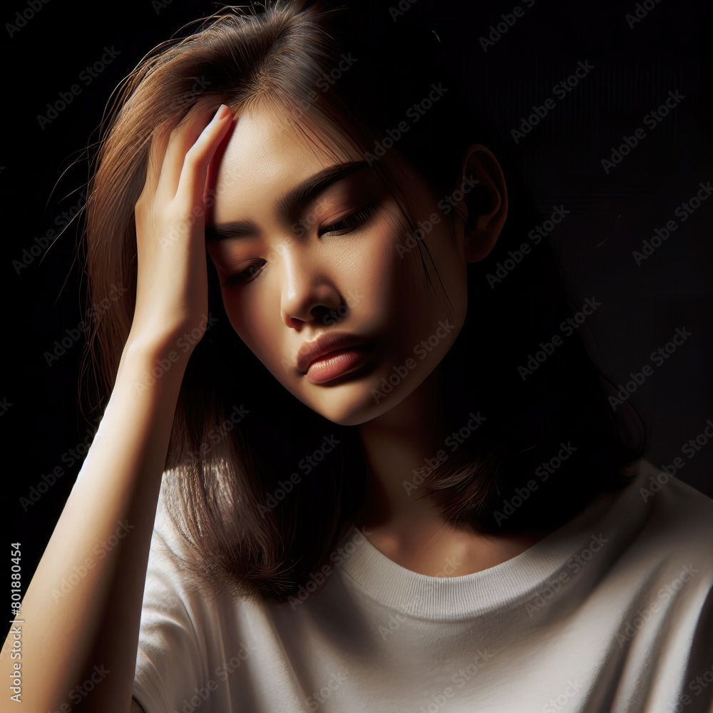 A young asian woman portrait having a headache, with the rim light. The background is black A young asian woman portrait having a headache, with the rim light. The background is black