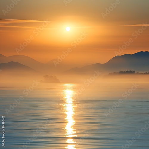 A serene and ethereal seascape is captured during the early moments of a hazy sunrise with the sun s golden rays gradually breaking through the veil of mist that envelops the horizon. 