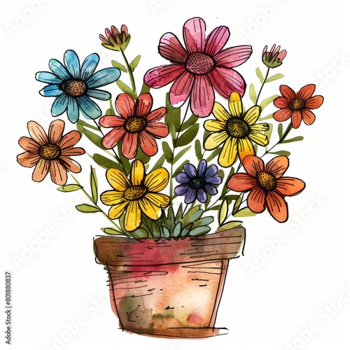 A vibrant collection of colorful flowers in a ceramic pot, including African daisies, common daisies, Transvaal daisies, chrysanthemums, and hibiscus.