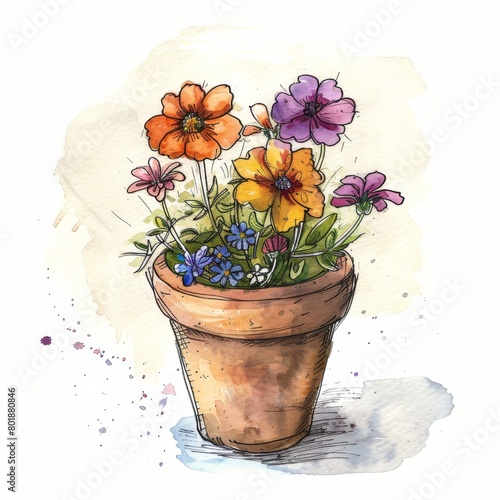 A vibrant collection of colorful flowers in a ceramic pot, including African daisies, common daisies, Transvaal daisies, chrysanthemums, and hibiscus.