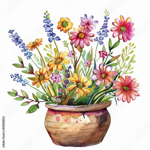 A vibrant collection of colorful flowers in a ceramic pot, including African daisies, common daisies, Transvaal daisies, chrysanthemums, and hibiscus.