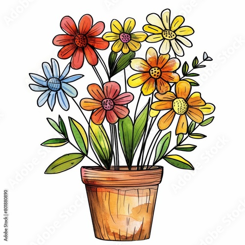 A vibrant collection of colorful flowers in a ceramic pot, including African daisies, common daisies, Transvaal daisies, chrysanthemums, and hibiscus.