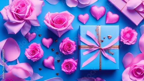 Pink gift or present, rose flowers and decorative hearts on blue background top view. Creative, AI Generated