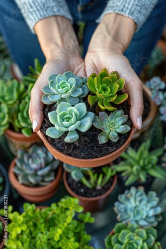 A womans hands hold a potted plant in a close-up shot, showcasing gardening activity