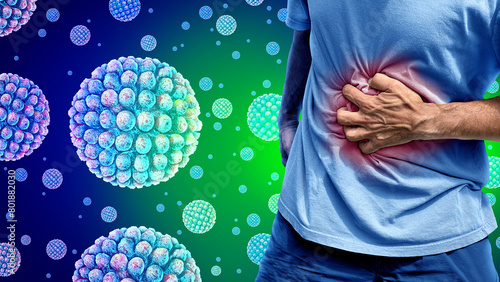 Norovirus Stomach Pain as a person suffering with abdominal pain and cramps due to a contagious flu infection as a stomachache viral sickness. photo