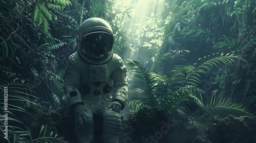 Tropical jungle  lone astronaut  dramatic lighting  and no face