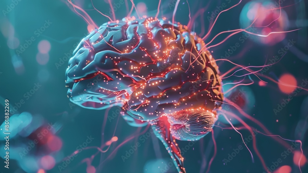 Obraz premium A holographic representation of a brain with highlighted areas showing the effects of a neurological health implant on different regions..