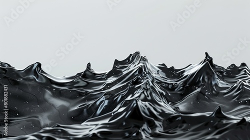 Surreal landscape of ferromagnetic liquid peaks and valleys against a clean background. Activated charcoal promotional poster. photo