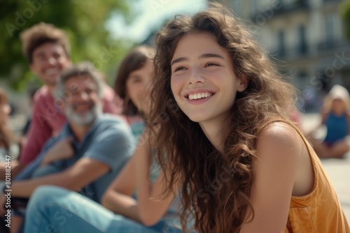 Portrait of a smiling teenage girl sitting with her friends in the background