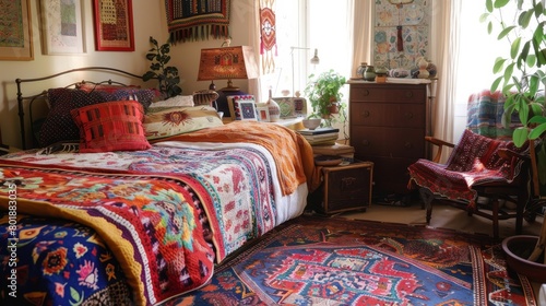 Bohemian-style young person's room filled with colorful patterns and textures, featuring vintage and global-inspired furnishings for a unique space © Paul