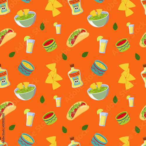 mexican food seamless pattern with guacamole, sauce salsa, cheese sauce, tequila, nachos, tacos