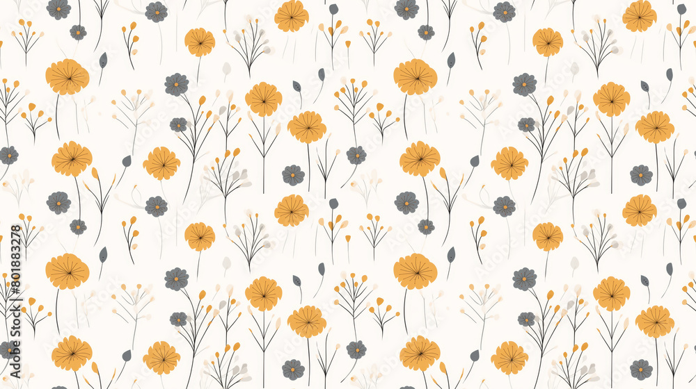 A seamless pattern of simple flowers and leaves in a retro, mid-century modern style. A seamless pattern of simple flowers and leaves in a retro, mid-century modern style.