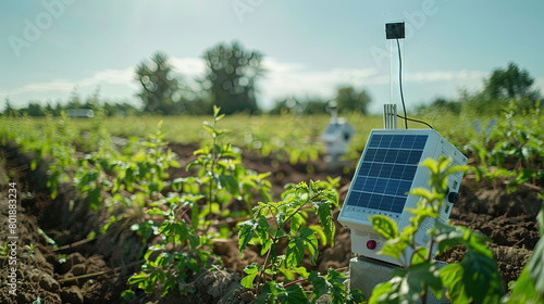 A small weather station in the field provides real-time meteorological data for monitoring local conditions photo