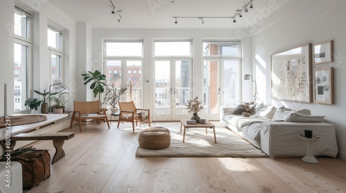 Airy Scandinavian interior with light wood flooring  white walls  and plush furnishings  enhanced by natural light  creating a welcoming space