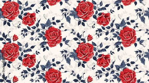 A seamless pattern of red roses and blue leaves on a light background.