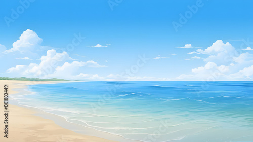 Coastal Serenity, Sandy Beach under Clear Blue Skies, Realistic Beach Landscape. Vector Background © Niko