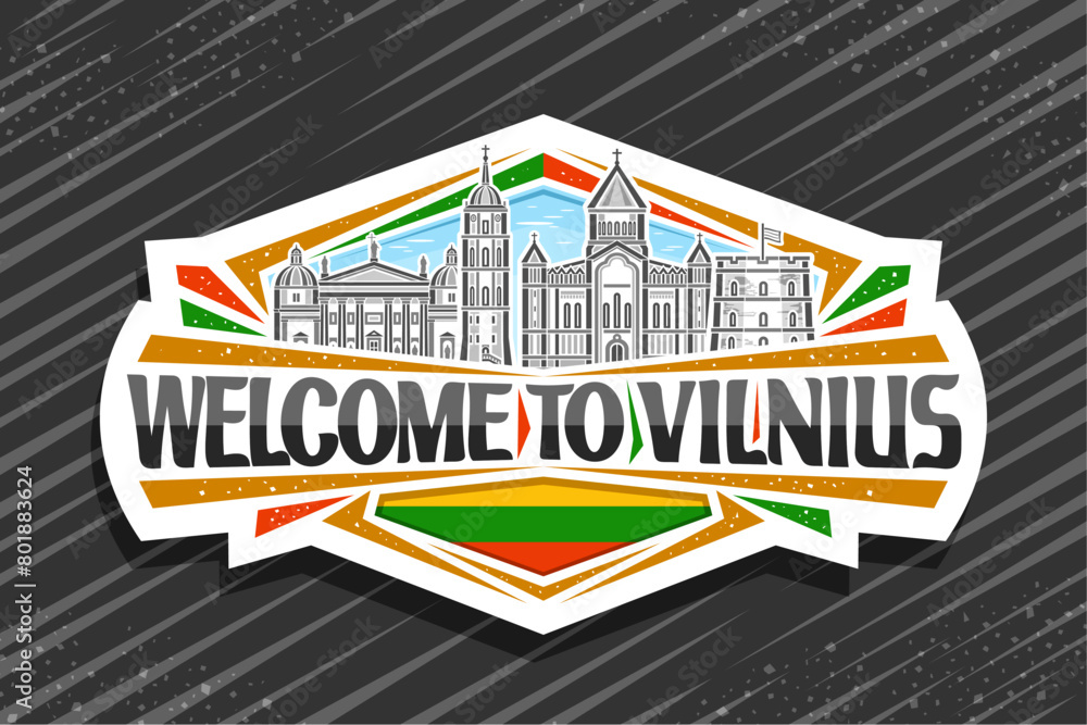 Vector logo for Vilnius, white decorative badge with outline illustration of european vilnius city scape on day sky background, line art design refrigerator magnet with black words welcome to vilnius