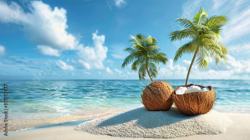 Coconut rests on the tropical beach background, adding to the serene allure of the scene. This tropical fruit embodies the essence of paradise, symbolizing relaxation, indulgence, and the exotic charm