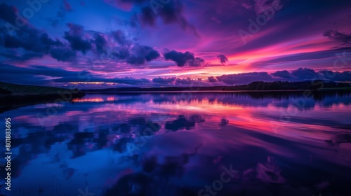 A tranquil lake reflecting the dramatic colors of a stormy sky at twilight, creating a mesmerizing mirror image.