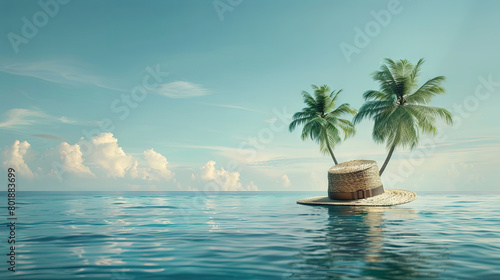 Sunhat adorned with palms in the sea on the tropical beach background