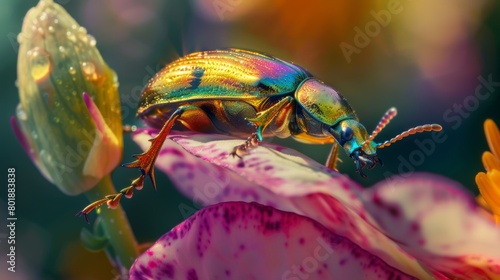 A vibrant golden tortoise beetle delicately perched on a flower petal, basking in the sunlight with its iridescent shell. photo