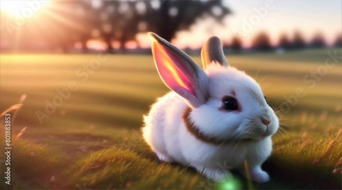 Adorable white bunny with fluffy ears hopping in the garden. Playful bunny celebrates Easter with colorful eggs in a charming spring illustration photo