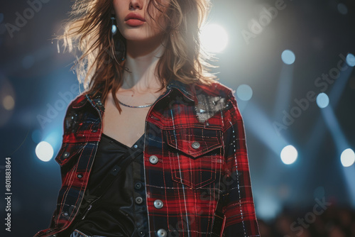 Low angle shot of a model walking the runway at a fashion show, focusing on their confident expression and the details of their outfit, using a telephoto lens to isolate the model from the background.