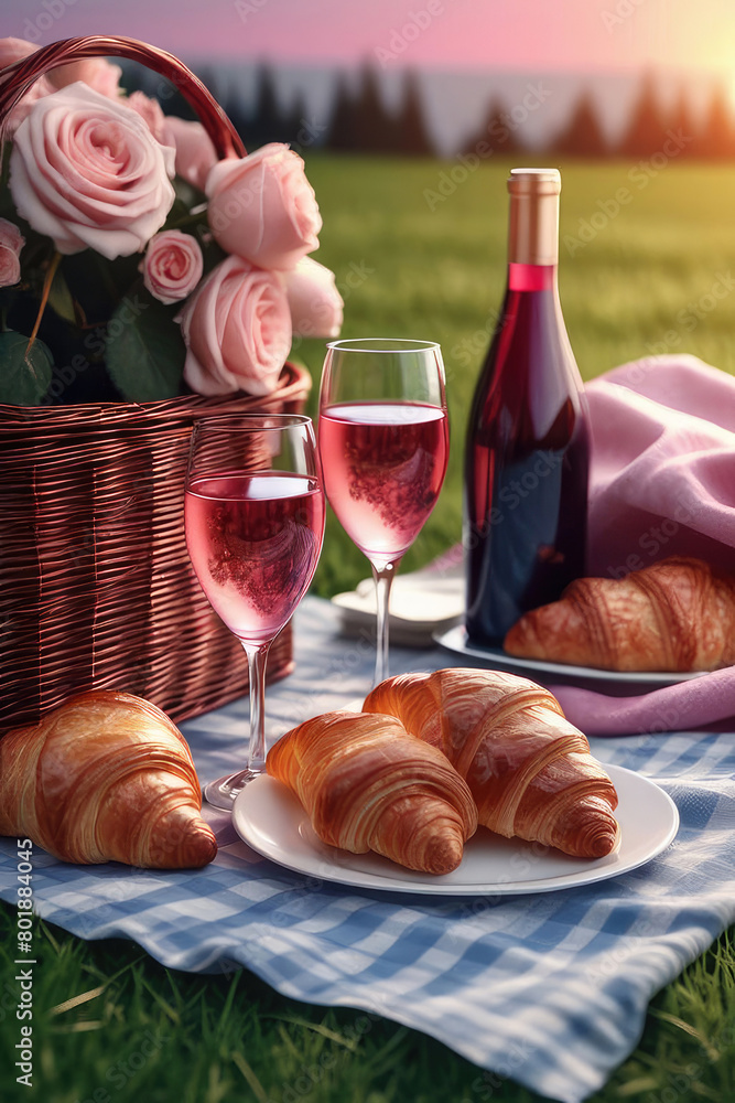 Sunset picnic with strawberries, croissants and appetizers and rose wine on the grass.