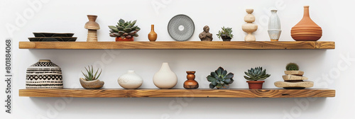 A set of floating shelves displaying a curated collection of ceramic sculptures, succulent plants, and decorative objects against a clean white background © Zunaira