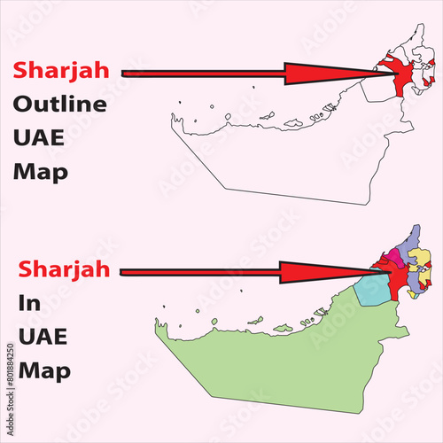 Sharjah map vector, outline, political , road, tourist, city, metro, railway, physical, satellite  Map vector photo