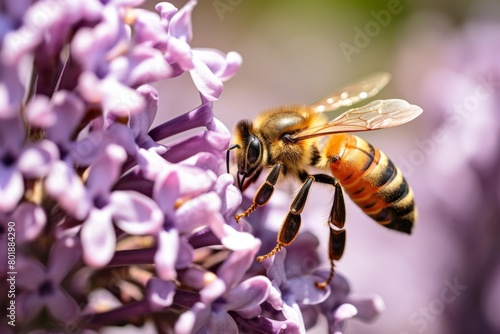 Honeybee Pollinating a Vibrant Flower in a Lush Garden During Springtime