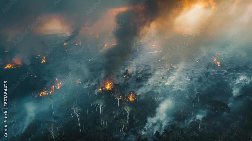 Aerial view of a vast expanse of forest consumed by fire, leaving behind a desolate landscape of destruction.