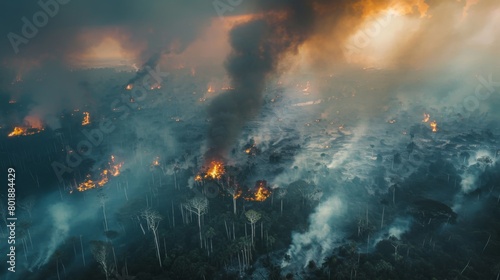 Aerial view of a vast expanse of forest consumed by fire  leaving behind a desolate landscape of destruction.