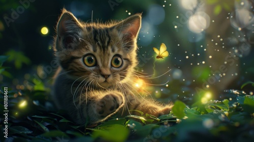 An adorable kitten with wide eyes and outstretched paws, trying to catch a floating firefly in the dusk. © Plaifah