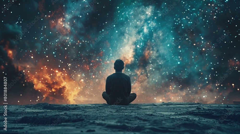 Dimensional Gate: Meditating Person's Silhouette Against the Cosmic Universe Horizon Dimensional Gate: Meditating Person's Silhouette Against the Cosmic Universe Horizon