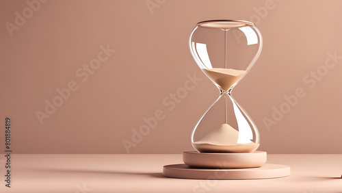 A glass sand timer with a white background