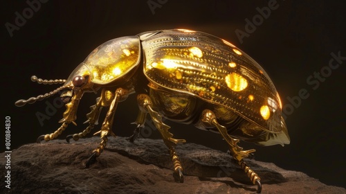 An artistic composition of a golden tortoise beetle against a dark background, highlighting its luminous metallic shell. photo