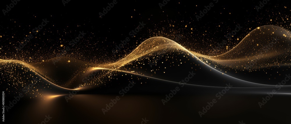 Golden particles and sparkling light creating an abstract wave on a black background for luxury designs, Golden particles and sparkling light creating an abstract wave on a black background for luxury designs,