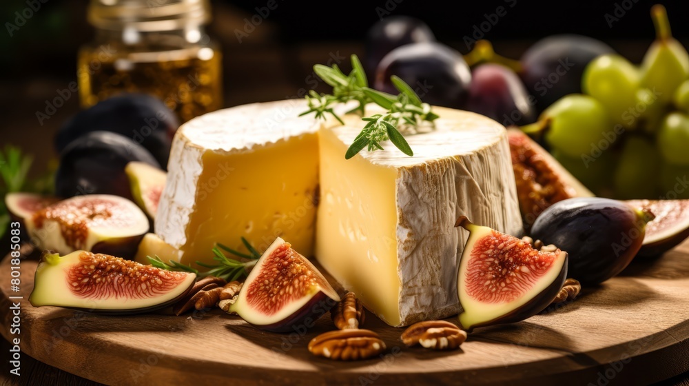 Close-up of assorted gourmet cheeses on a rustic wooden board, with a golden honeycomb piece and fresh figs, ideal for a luxury food blog,