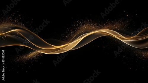 Abstract golden wave with sparkling particle stars and dust, set against a dark background for a luxury feel,