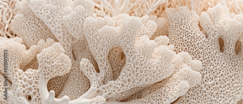 Close-up view of a textured bleached coral, with emphasis on the porous surface and colorless appearance, photo