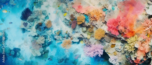 Aerial shot of a coral reef experiencing bleaching, showcasing a patchwork of vibrant and faded corals from above,