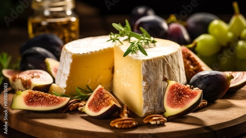 Close-up of assorted gourmet cheeses on a rustic wooden board, with a golden honeycomb piece and fresh figs, ideal for a luxury food blog,