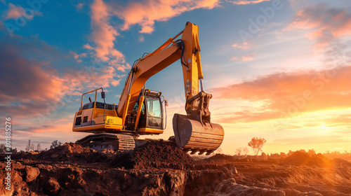 An excavator is digging a hole in the ground. The sky is orange and the sun is setting.

 photo